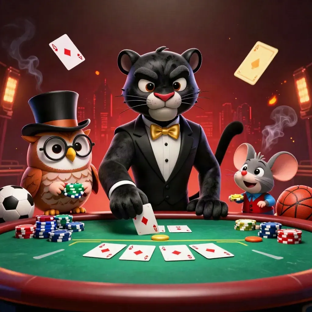Panther tuksedo, burung hantu, dan tikus bermain kartu di meja kasino neon.