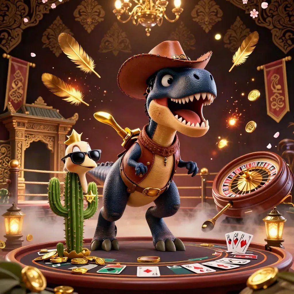 T-Rex koboi, kaktus, dan roadrunner di ruang kasino mewah bernuansa emas dan hijau.