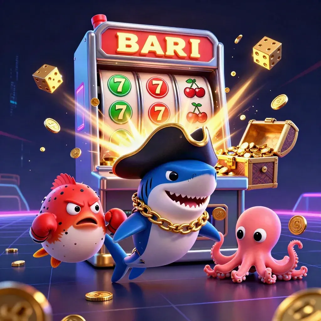 Hiu bajak laut, ikan buntal, dan gurita kecil di tengah ledakan jackpot emas.
