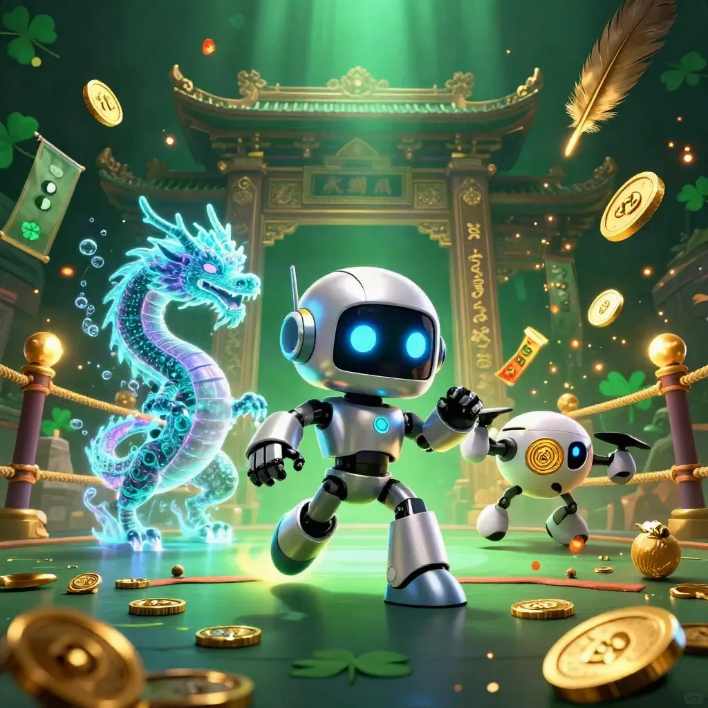Robot cyberpunk, naga AI holografik, dan drone koin di kuil kuno dengan emas meledak.