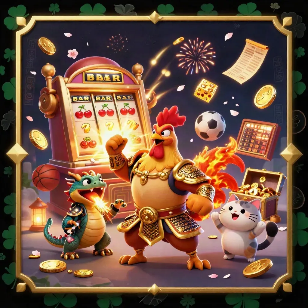 Ayam samurai emas, naga kecil, dan kucing hoki dikelilingi slot, koin, dan hadiah meledak.