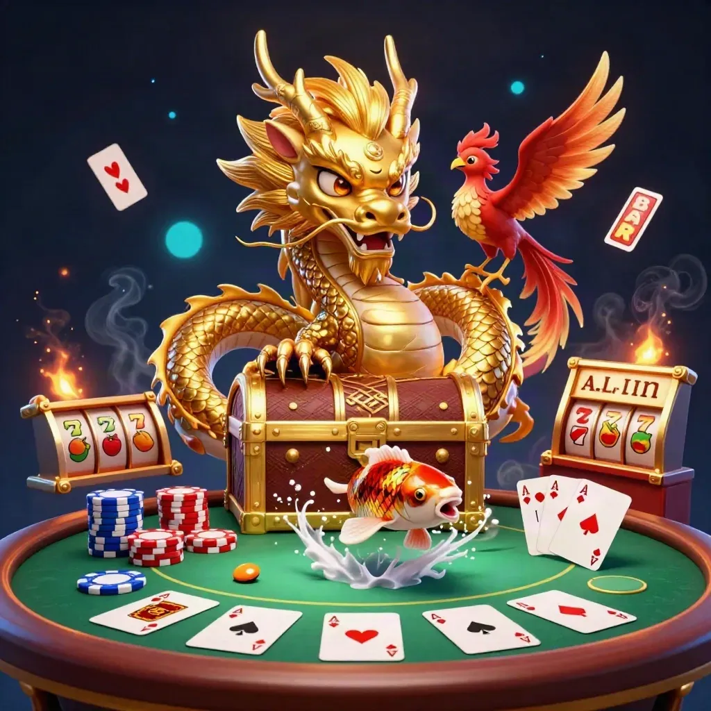 Naga emas 3D mengelilingi peti harta, phoenix merah, koi, chip poker, efek neon gelap.