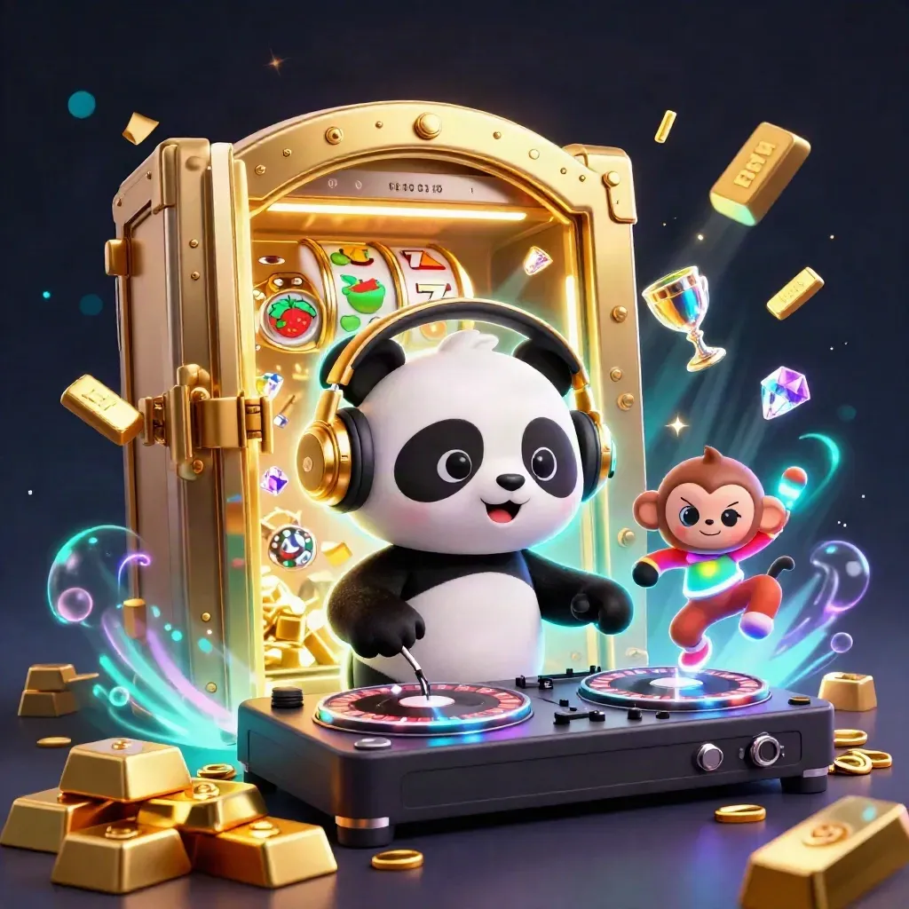 Panda DJ, monyet breakdance, dan anak kucing rave di depan brankas emas dan simbol slot neon.